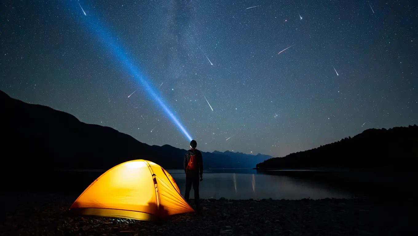 Personne observant une pluie d’étoiles filantes sous un ciel dégagé, avec une tente éclairée au bord d’un lac