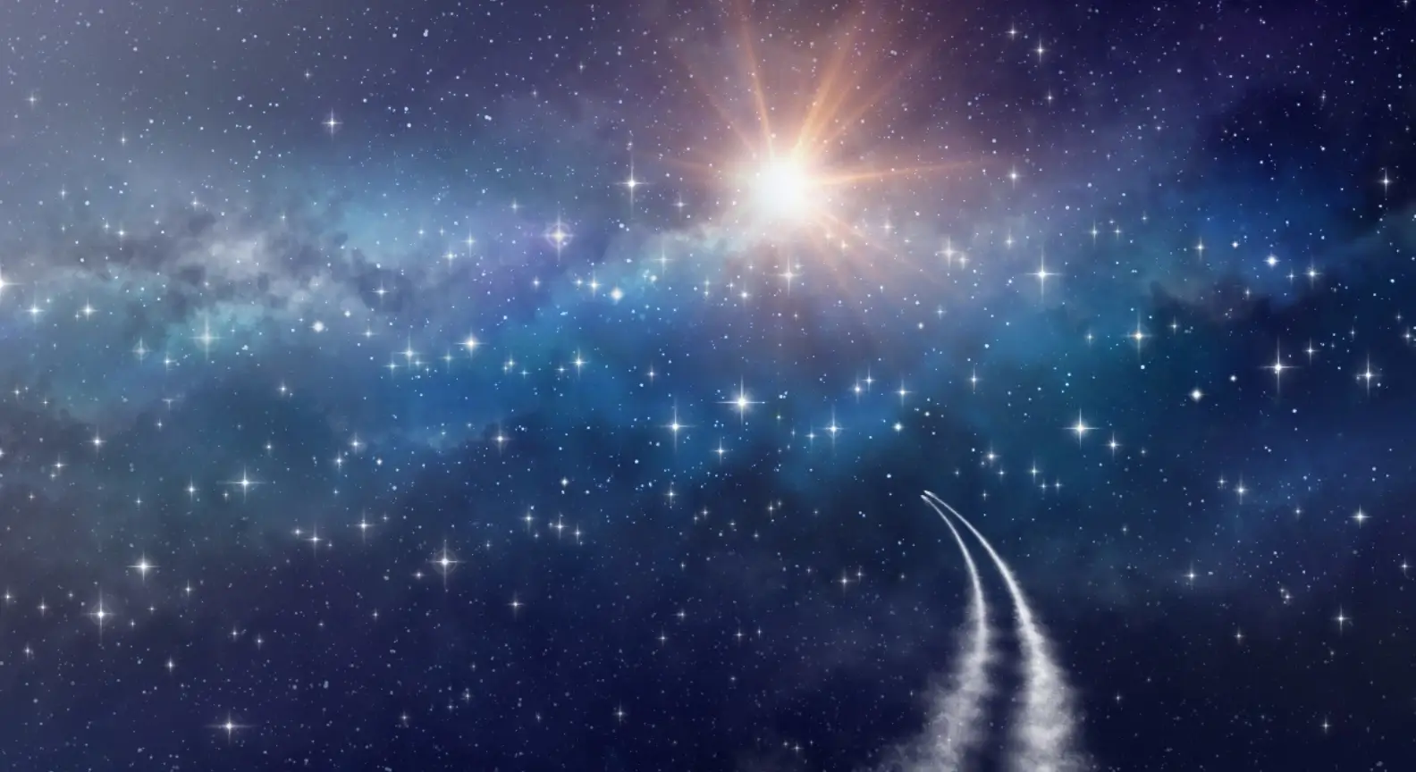 Vaisseau spatial traversant une galaxie étoilée vers une lumière lointaine