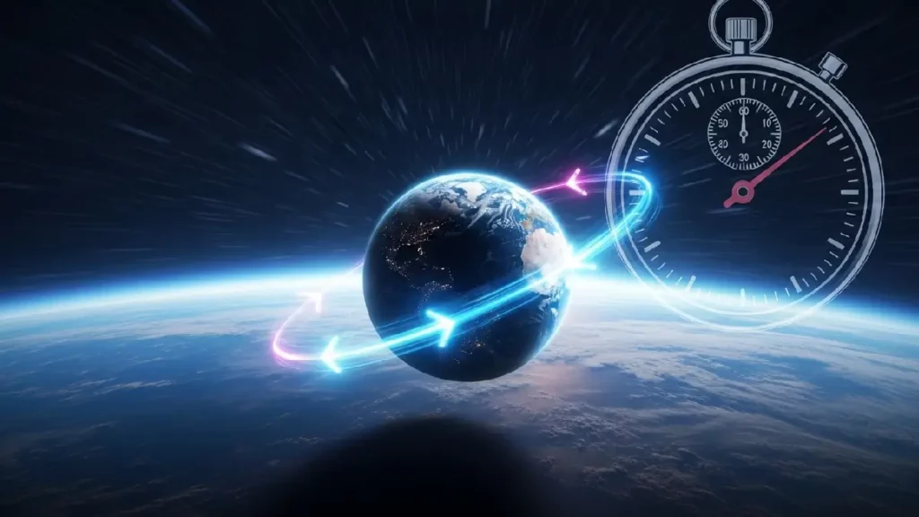 Terre en accélération avec chronomètre et flèches lumineuses dans l’espace