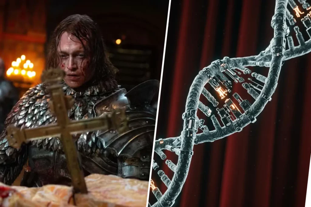 Montage entre un guerrier évoquant Dracula et une double hélice d’ADN, symbole de la quête scientifique de l’immortalité.