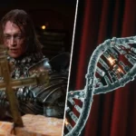 Montage entre un guerrier évoquant Dracula et une double hélice d’ADN, symbole de la quête scientifique de l’immortalité.