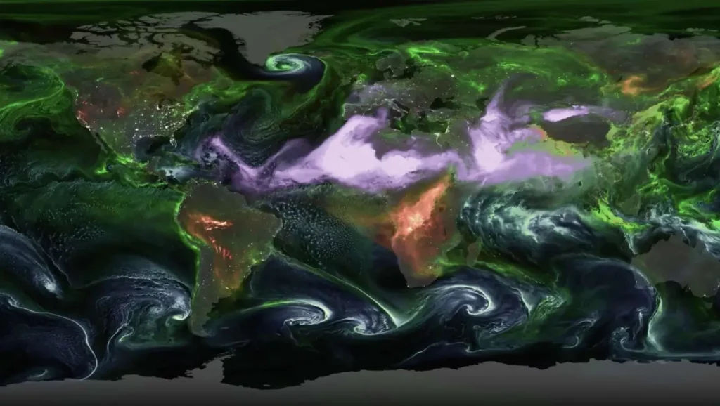 Carte mondiale de la NASA illustrant la circulation des aérosols au-dessus de la Terre.