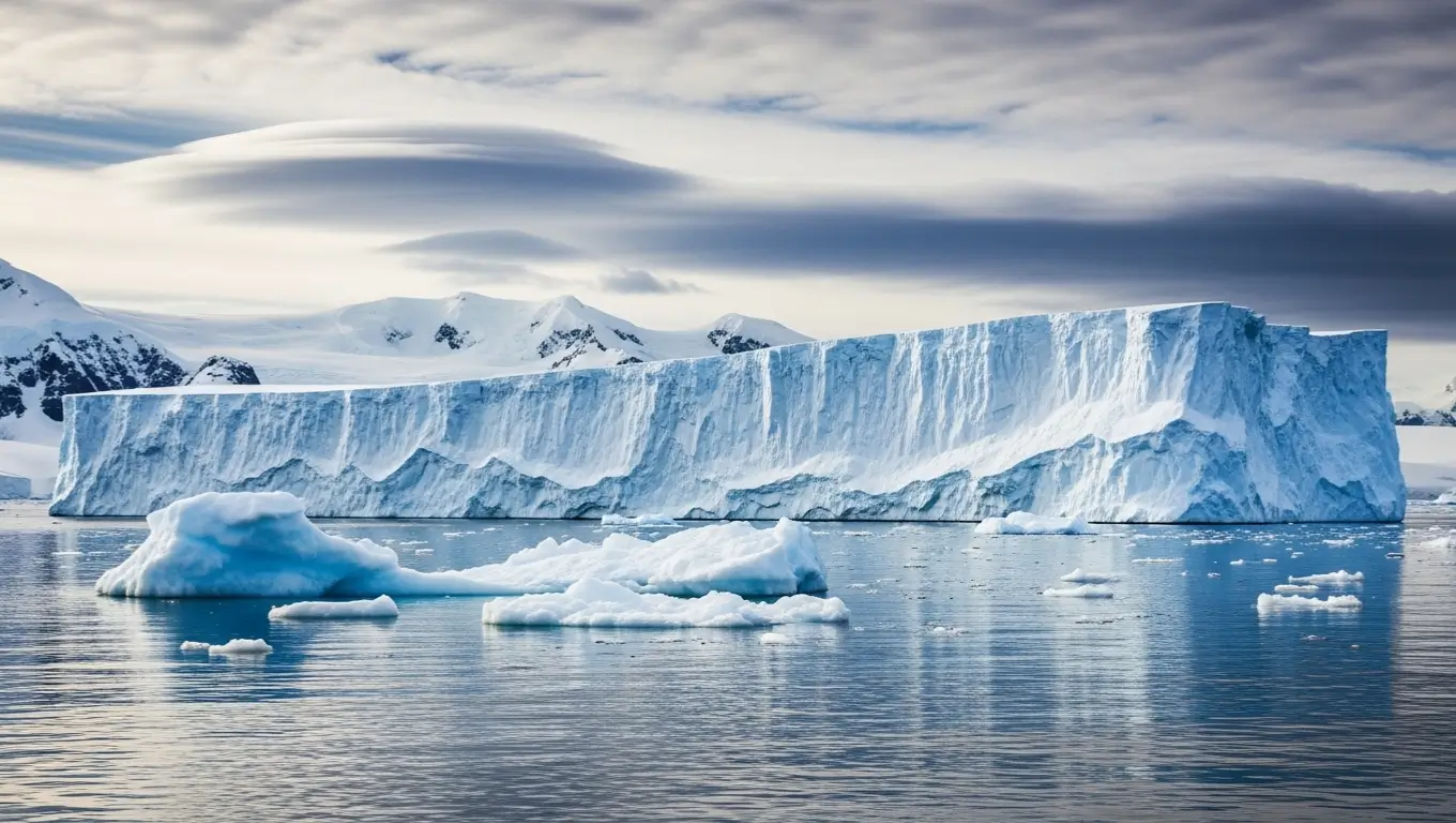 Un gigantesque iceberg en Antarctique flottant au large d’une banquise gelée.