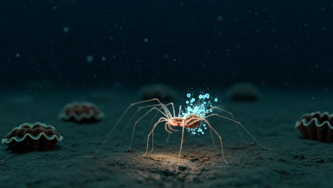 Araignée de mer bioluminescente émettant des lumières bleues dans les fonds marins