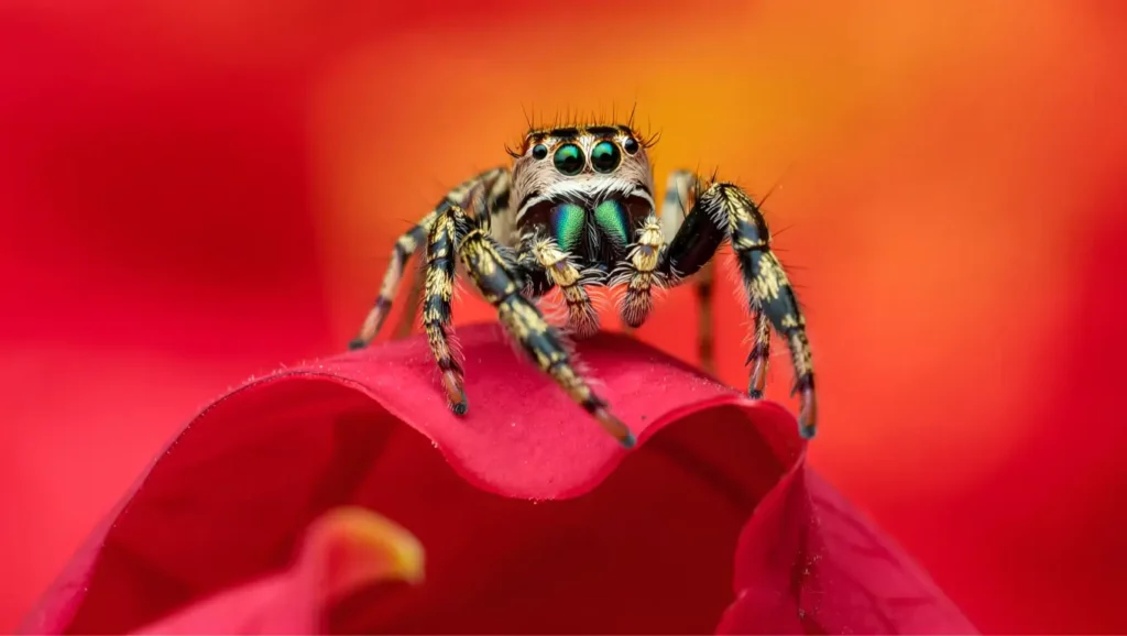 Araignée sauteuse colorée sur une fleur rouge en macro