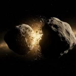 Illustration d’une collision entre les astéroïdes Bennu et Ryugu, générant un nuage de débris cosmiques.