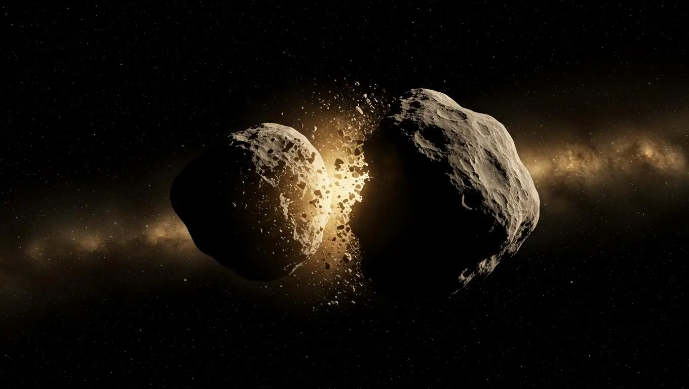 Illustration d’une collision entre les astéroïdes Bennu et Ryugu, générant un nuage de débris cosmiques.