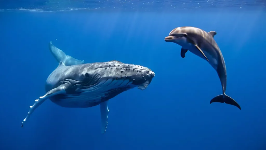 Une baleine nage en compagnie d’un dauphin dans les eaux profondes, une interaction marine rare et surprenante.
