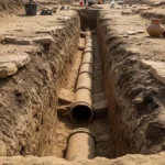 Canalisation antique en terre cuite découverte lors de fouilles archéologiques en Égypte.