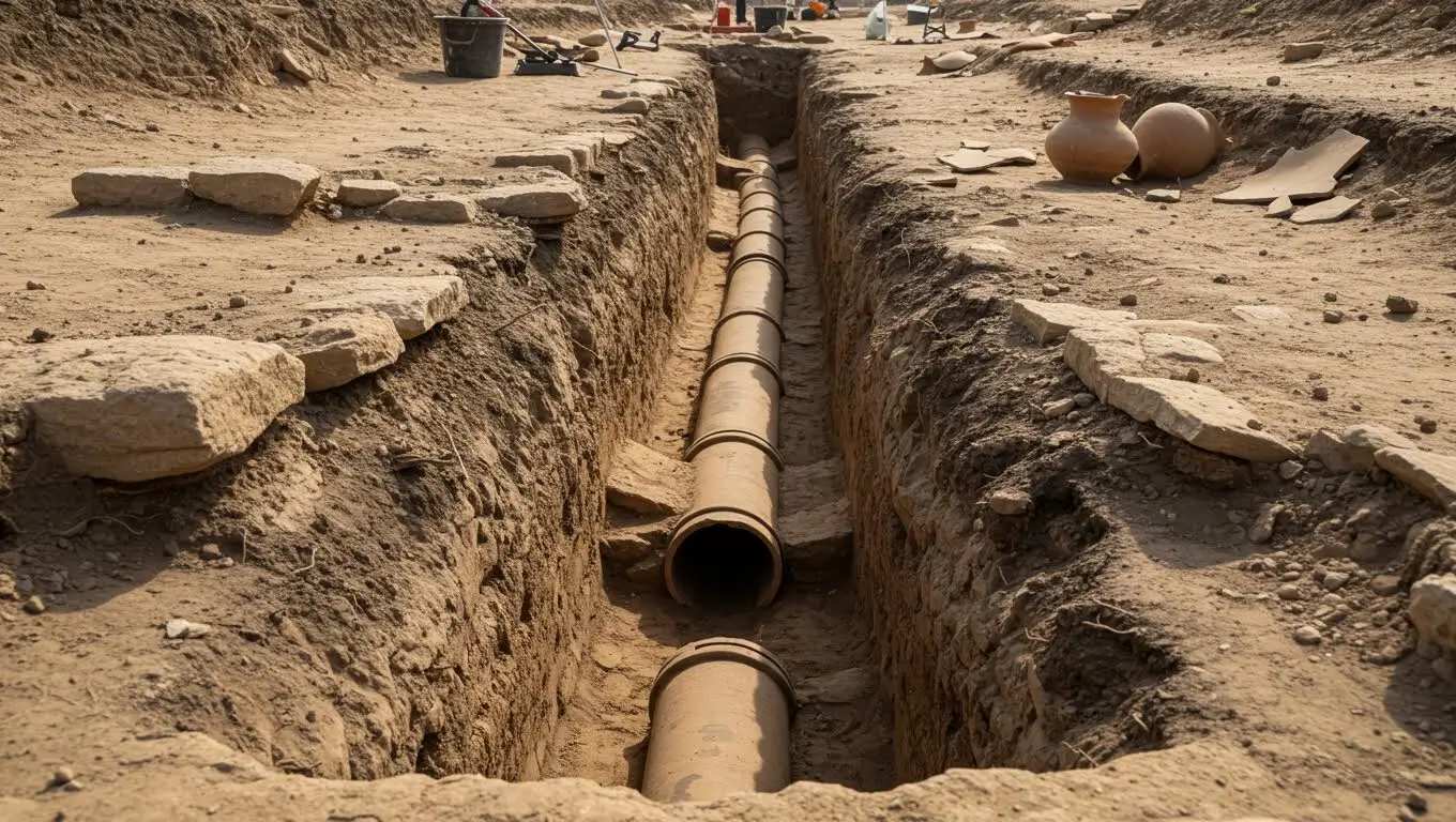 Canalisation antique en terre cuite découverte lors de fouilles archéologiques en Égypte.