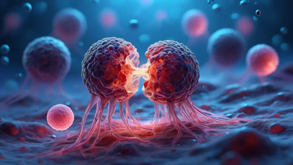 Illustration 3D de deux cellules immunitaires interagissant entre elles, symbolisant une nouvelle stratégie scientifique pour renforcer les défenses du corps.