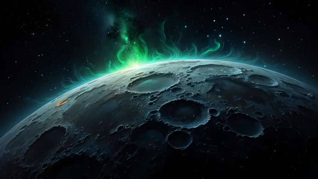 Illustration de la planète naine Cérès avec ses cratères et une lueur mystérieuse, suggérant la présence d’un océan souterrain.
