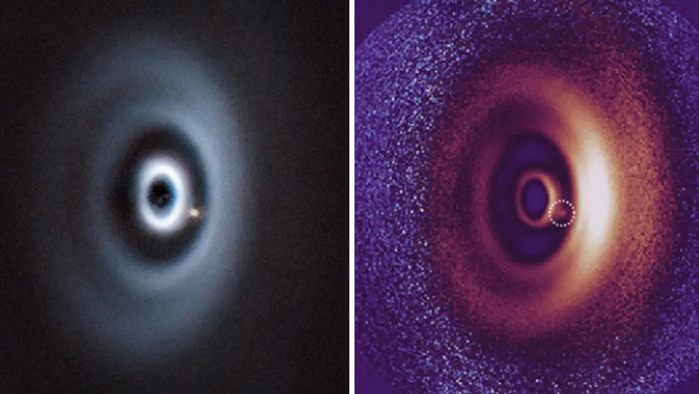 Images astronomiques montrant des anneaux brillants dans un disque protoplanétaire, signes de la formation d’une jeune planète.