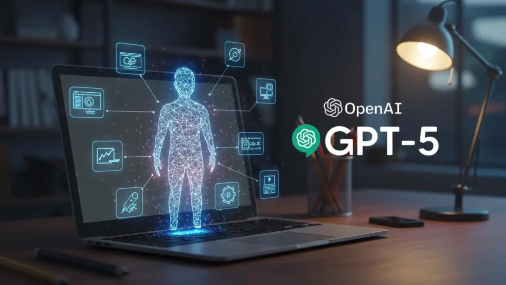 Ordinateur portable affichant une silhouette numérique et des icônes de données, avec le logo GPT-5 d’OpenAI