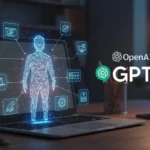 Ordinateur portable affichant une silhouette numérique et des icônes de données, avec le logo GPT-5 d’OpenAI