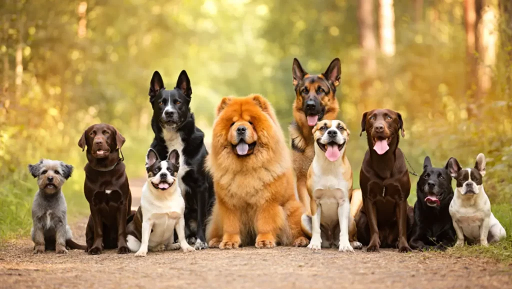 Chiens de différentes races assis côte à côte, symbolisant l’évolution commune avec l’homme.
