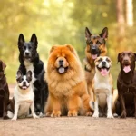 Chiens de différentes races assis côte à côte, symbolisant l’évolution commune avec l’homme.