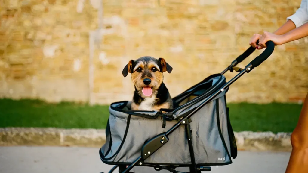 Chien assis dans un landau poussé par une personne.