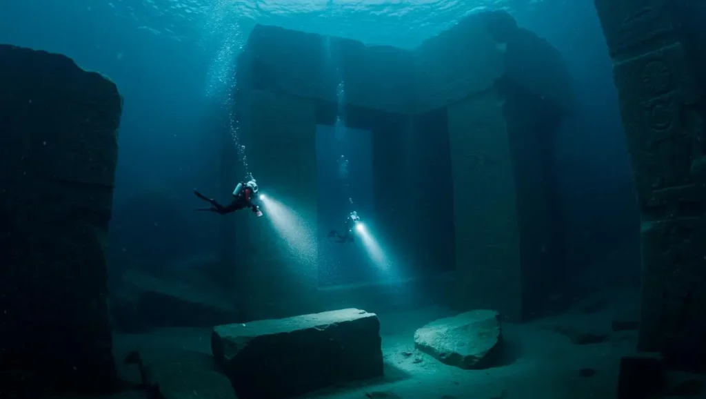 Plongeurs explorant les ruines submergées d’une cité antique au large de l’Égypte, avec des colonnes et hiéroglyphes encore visibles.