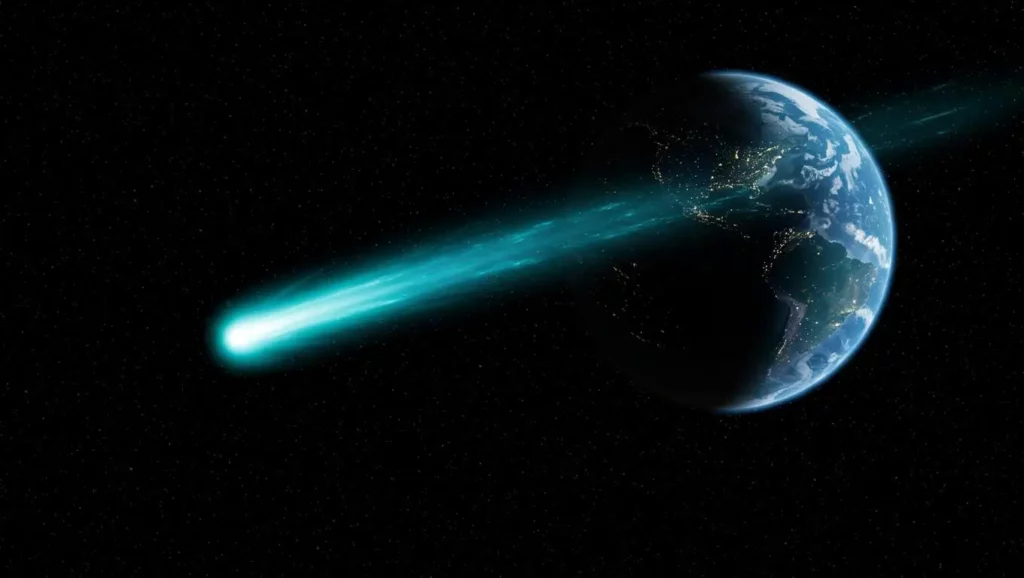 Illustration d’une comète passant près de la Terre, symbole des recherches sur l’origine de l’eau terrestre.
