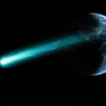 Illustration d’une comète passant près de la Terre, symbole des recherches sur l’origine de l’eau terrestre.