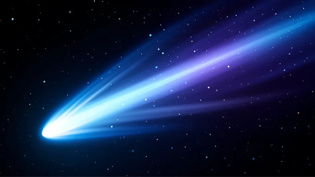 Comète avec longue traînée lumineuse bleue observée dans l’espace étoilé
