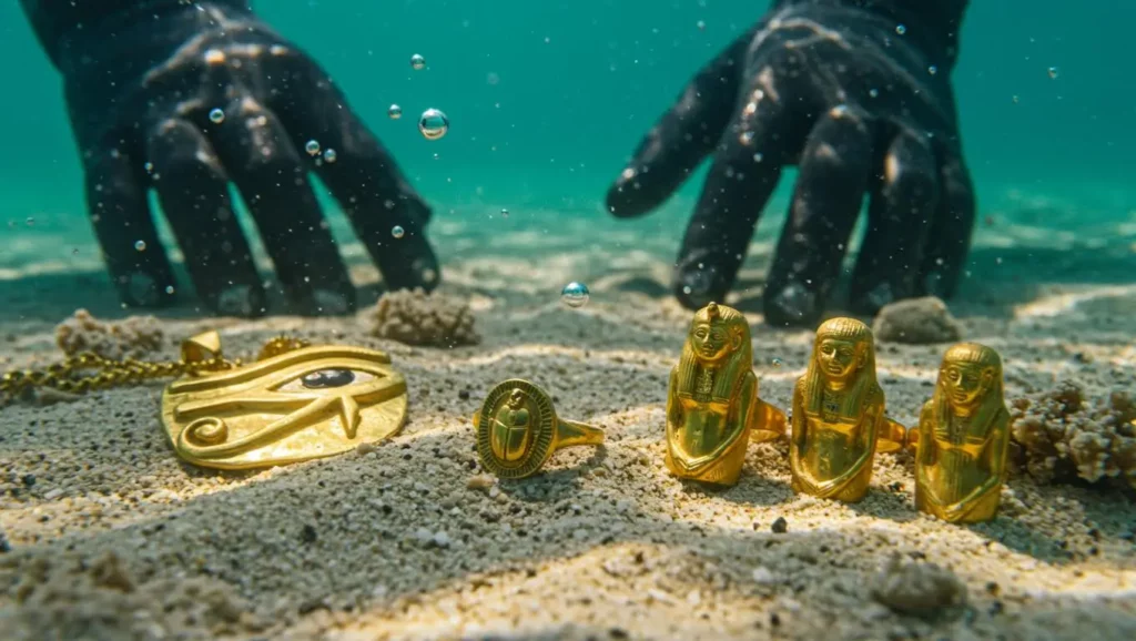 Artefacts égyptiens en or découverts sous la mer : pendentif, bague et statuettes mises au jour par des archéologues sous-marins.