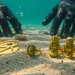 Artefacts égyptiens en or découverts sous la mer : pendentif, bague et statuettes mises au jour par des archéologues sous-marins.