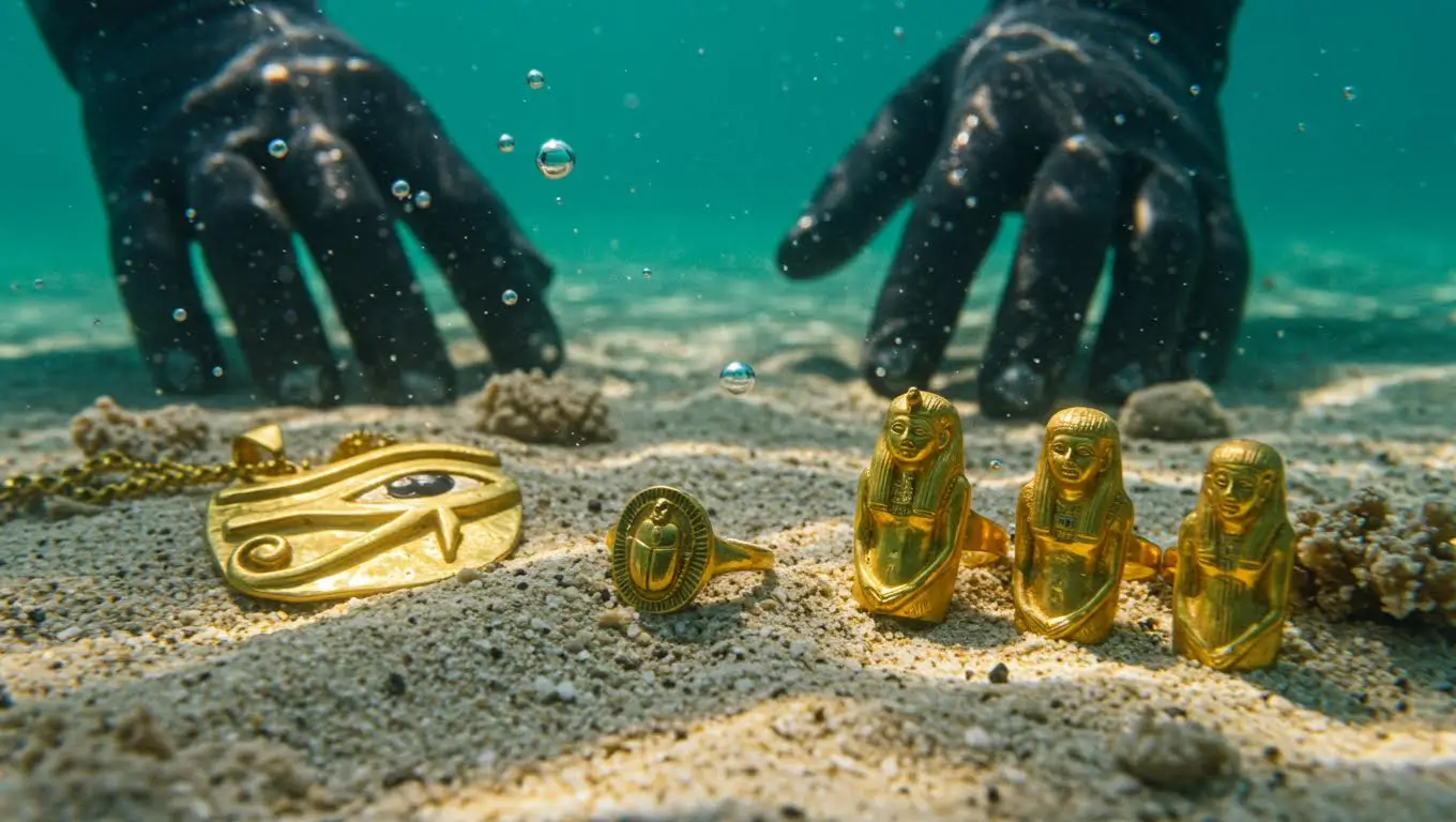 Artefacts égyptiens en or découverts sous la mer : pendentif, bague et statuettes mises au jour par des archéologues sous-marins.