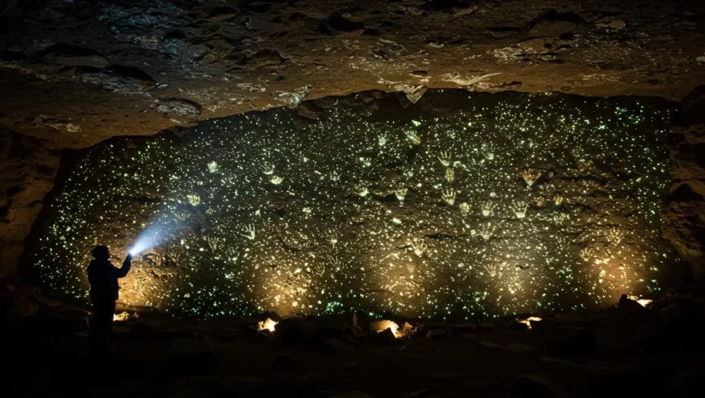 Grotte ornée d’empreintes de mains humaines préhistoriques vieilles de 8 400 ans.
