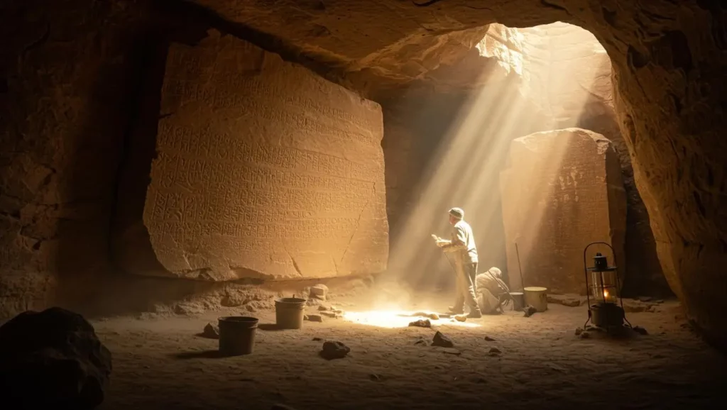 Archéologue étudiant une gravure monumentale vieille de 3 800 ans dans une grotte antique éclairée par un rayon de lumière.