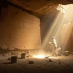 Archéologue étudiant une gravure monumentale vieille de 3 800 ans dans une grotte antique éclairée par un rayon de lumière.