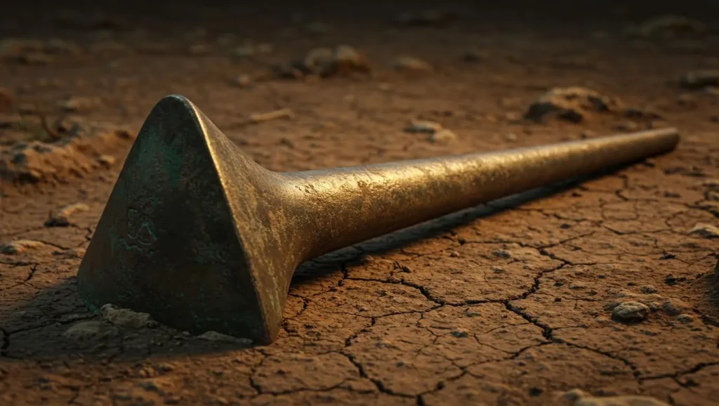 Ancienne hache conique en métal de 3 000 ans découverte en Indonésie.