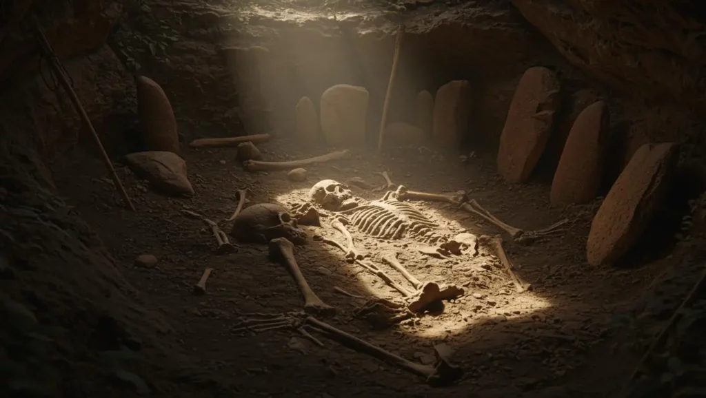 Squelette humain vieux de 6 000 ans découvert dans une sépulture préhistorique entourée de pierres.