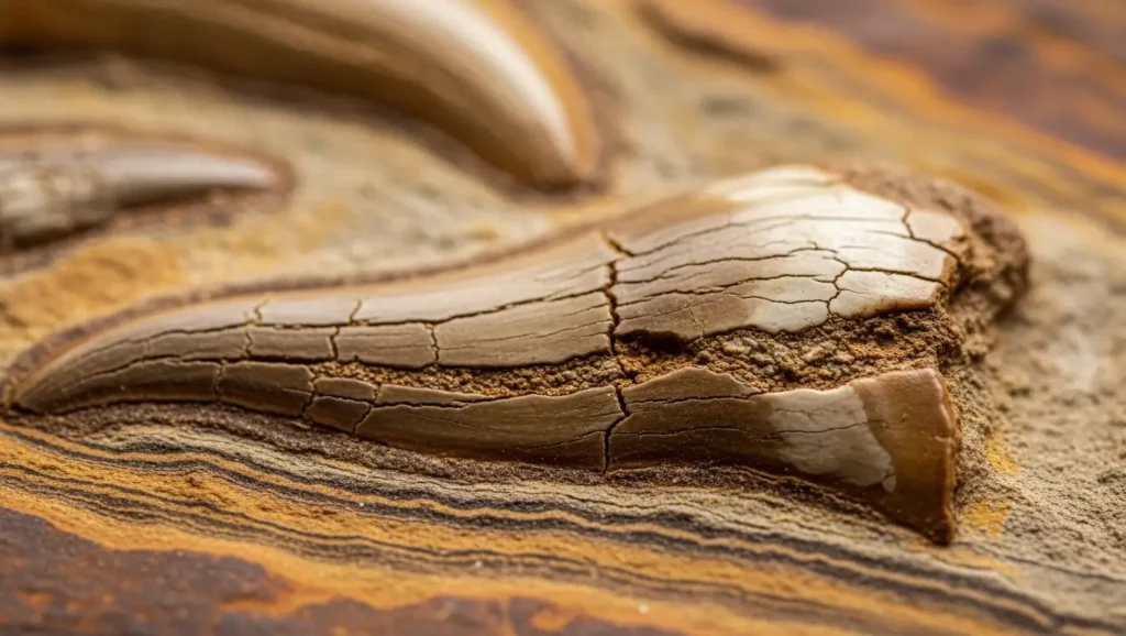 Gros plan sur une dent fossilisée de dinosaure incrustée dans la roche