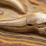 Gros plan sur une dent fossilisée de dinosaure incrustée dans la roche