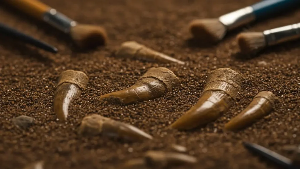 Dents fossiles découvertes dans le sol, témoins d’une cohabitation entre deux espèces humaines anciennes.