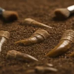 Dents fossiles découvertes dans le sol, témoins d’une cohabitation entre deux espèces humaines anciennes.