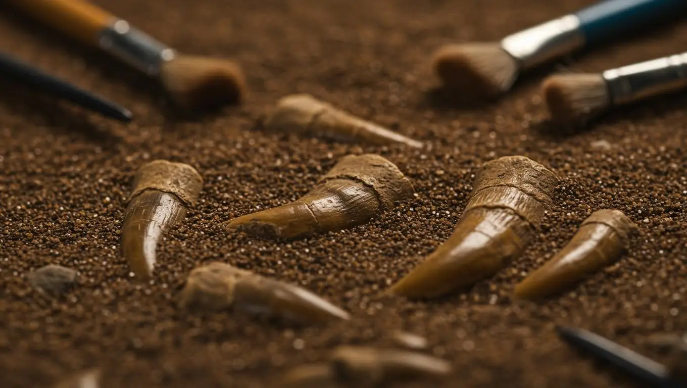 Dents fossiles découvertes dans le sol, témoins d’une cohabitation entre deux espèces humaines anciennes.