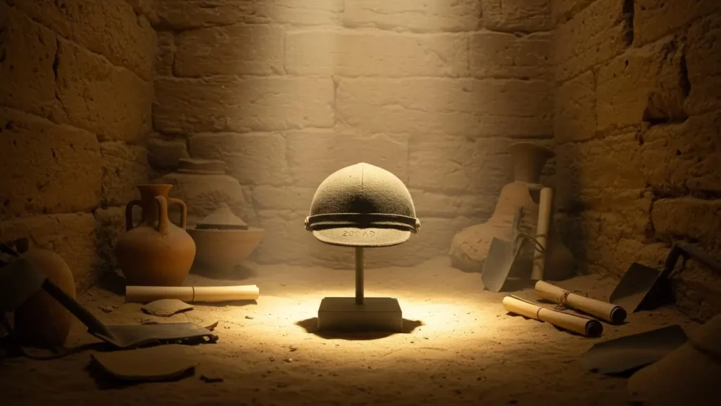 Casque antique retrouvé en Égypte dans une tombe archéologique, entouré d’amphores et de parchemins.