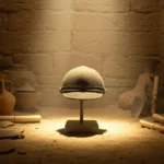 Casque antique retrouvé en Égypte dans une tombe archéologique, entouré d’amphores et de parchemins.