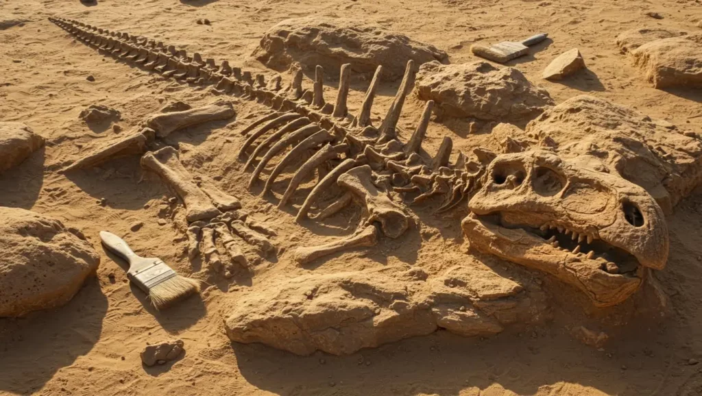 Fossile de dinosaure complet découvert dans le désert lors d’une fouille paléontologique.