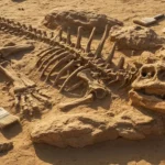 Fossile de dinosaure complet découvert dans le désert lors d’une fouille paléontologique.