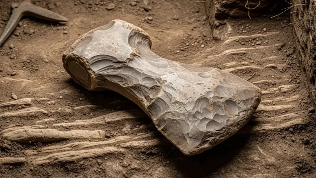 Hache en pierre taillée de 300 000 ans découverte sur un site archéologique, vestige du Paléolithique.