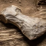 Hache en pierre taillée de 300 000 ans découverte sur un site archéologique, vestige du Paléolithique.