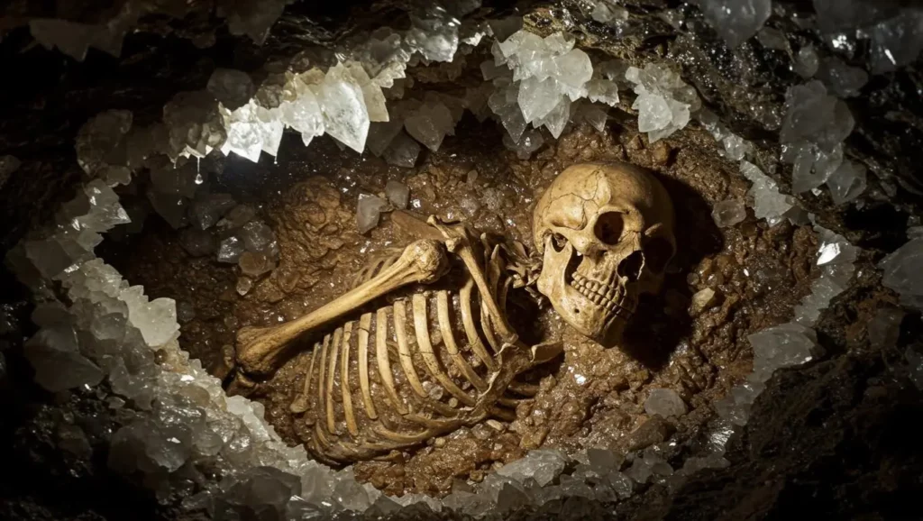 Squelette humain ancien découvert dans une cavité naturelle, entouré de cristaux brillants, offrant une scène archéologique spectaculaire.