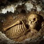 Squelette humain ancien découvert dans une cavité naturelle, entouré de cristaux brillants, offrant une scène archéologique spectaculaire.