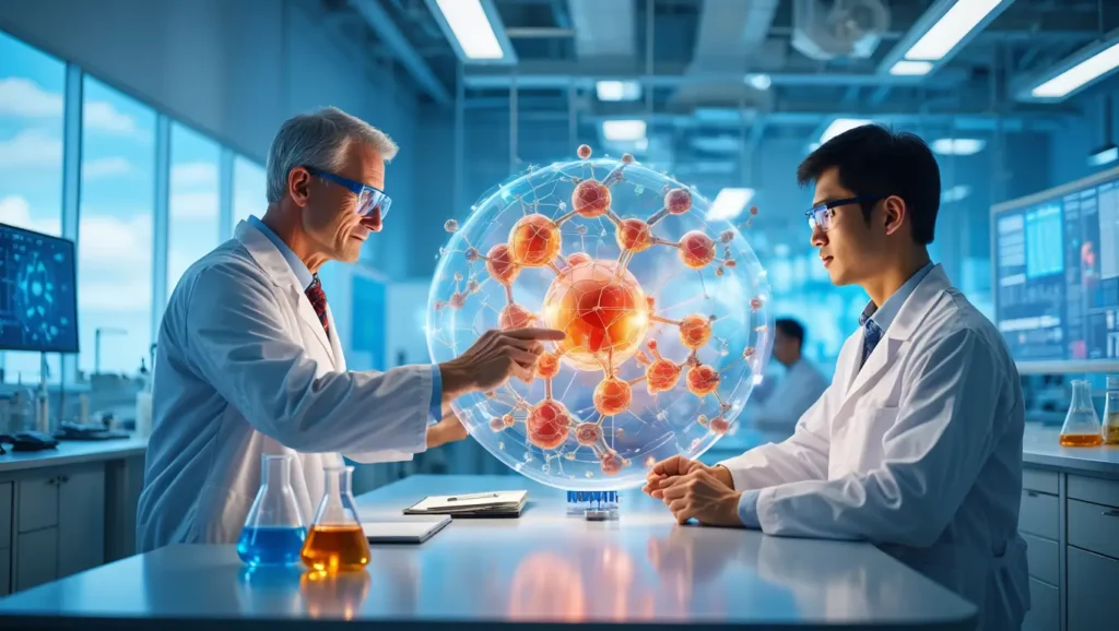 Deux scientifiques étudient une modélisation 3D d’une molécule capable de stocker la chaleur