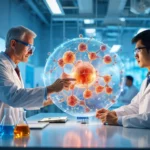 Deux scientifiques étudient une modélisation 3D d’une molécule capable de stocker la chaleur