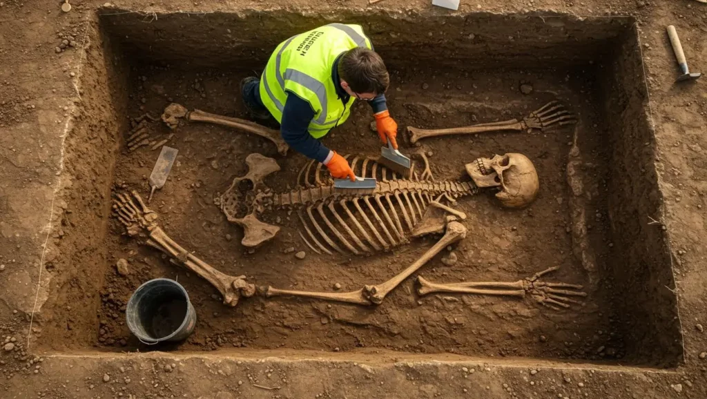 Archéologue nettoyant un squelette humain médiéval parfaitement conservé